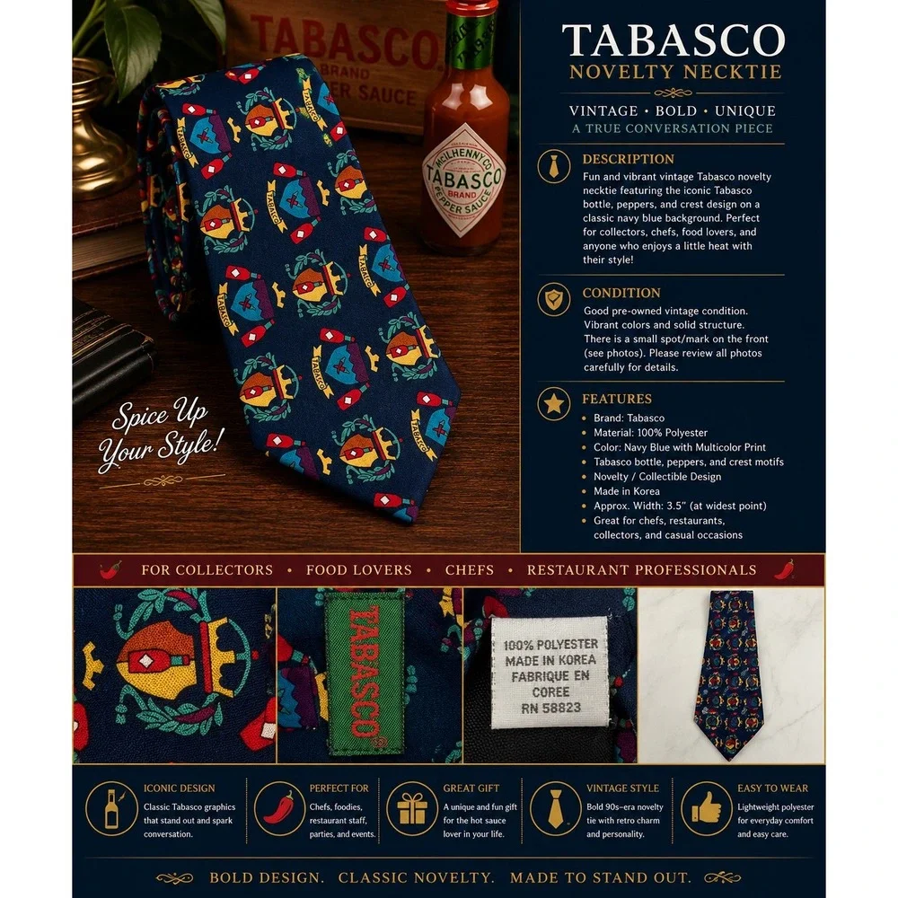 Vintage Tabasco Hot Sauce Novelty Necktie Navy Blue Colorful Pepper Bottle Crest